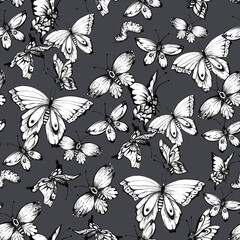 Vintage monochrome butterflies seamless pattern.
