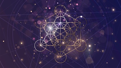 Golden sacral symbol of Metatron's Cube on the background of space