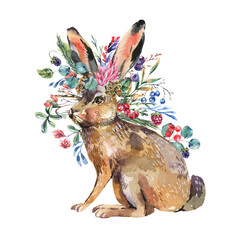 Watercolor hare with flowers isolated on white background. Floral Easter bunny.