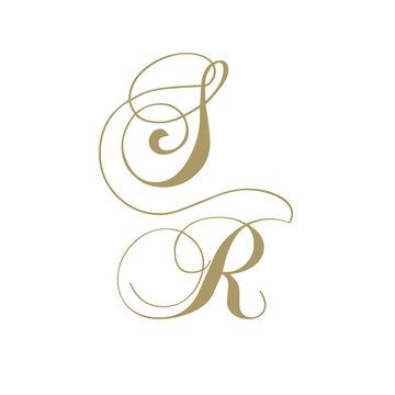 gold monogram script letters s and r