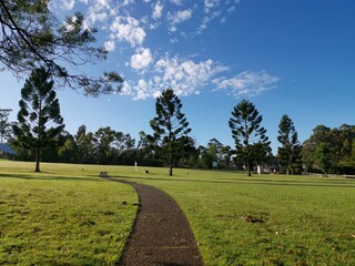 Beautiful view of a park with green grass and tall trees and deep blue sky with light clouds in the background, Heritage park, Castle Hill, Sydney, New South Wales, Australia
