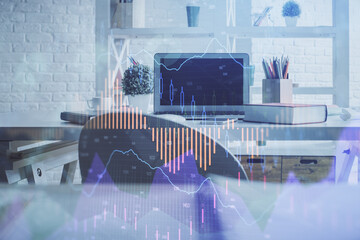 Double exposure of financial graph drawing and office interior background. Concept of stock market.