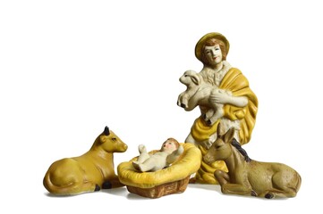 Nativity scene with shepherd and baby Jesus in manger isolated on white background