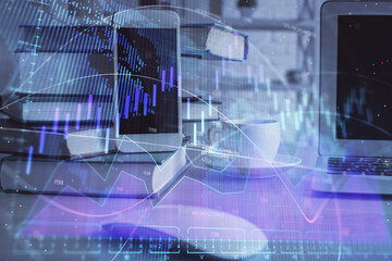 Double exposure of financial graph drawing and cell phone background. Concept of forex trading