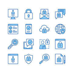 Computer security line icons. Simple vector symbols. Set of blue color filled outline icons