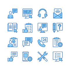 Customer service line icons. Simple vector symbols. Set of blue color filled outline icons