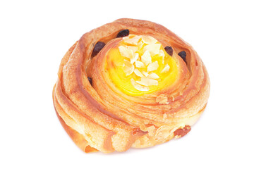 Small pastry with cream, almonds and raisins. Ideal for breakfast or together with cappuccino coffee to start the day. Perfectly isolated on white background.