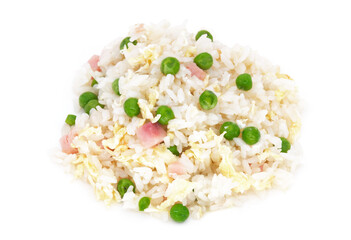 Chinese cantonese rice with green peas, ham and omelette scrambled eggs, isolated on white.