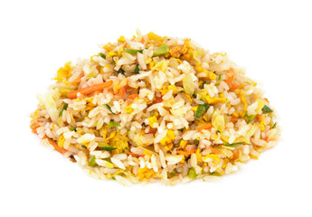 Chinese rice with mixed vegetables and scrambled eggs omelette. Cantonese rice isolated on white. Typical dish from chinese restaurant or take away, delicious and nutritious  plate for a meal or lunch