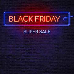 Neon sign Black Friday sale. Brick wall as a background. Seasonal sale, shopping and store concept