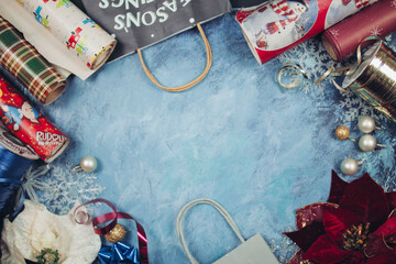 Christmas Flat Lay with vintage wrapping paper, bags and ornaments 