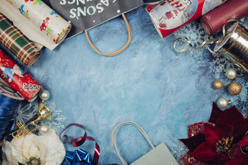 Christmas Flat Lay with vintage wrapping paper, bags and ornaments 