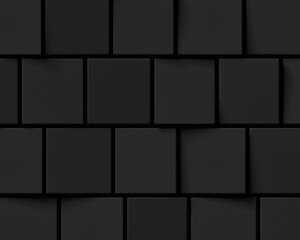 Close up of abstract black cubes background; dark square pattern; close up of block geometric structure; minimalist style dark 3d cubes; top view; 3d rendering, 3d illustration	