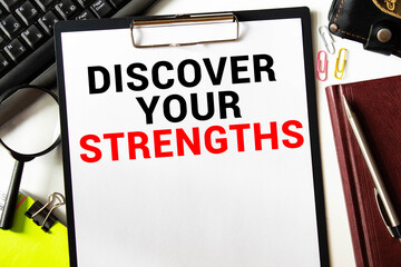 Discover your strengths- business concept of entrepreneur management message on wood background...