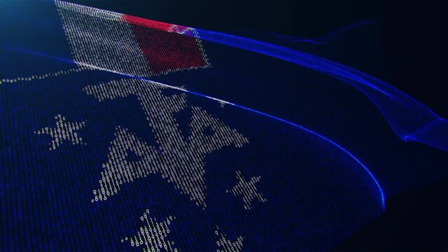 3d render. French southern and Antarctic lands digital flag with binary code texture flies in the wind. Seamless loop.