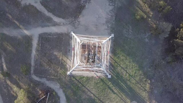 Bendigo goldfields.  Poppet head at Victoria Hill mining reserve. Top down aerial view of the drill and processing plant.