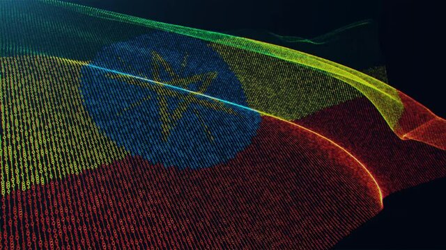 3d render. Ethiopia digital flag with binary code texture flies in the wind. Seamless loop.