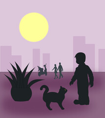 People walking in the moonlight, a child in the foreground with a small animal, skyscrapers in the background, and a large moon in the sky.
