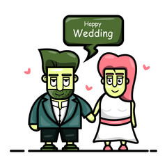 animated man and woman getting married, happy wedding day