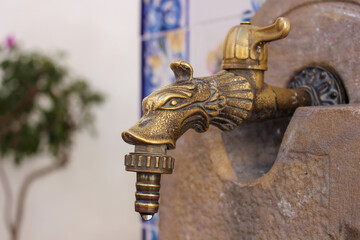 Fototapeta na wymiar close up of an old detailed bronze water tap at a colonial house