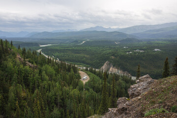 Fototapeta na wymiar Denali National park entrance overlook. Nenana river valley. Alaska, USA
