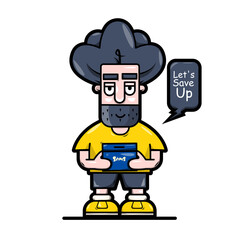 animation of a man holding a wooden piggy bank, inviting to save money. can be used for the design of stickers, t-shirts, posters and others