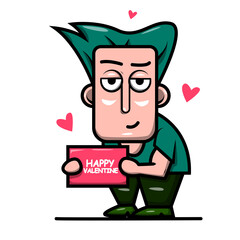 vector animation of man holding a sheet of paper that says happy valentine
