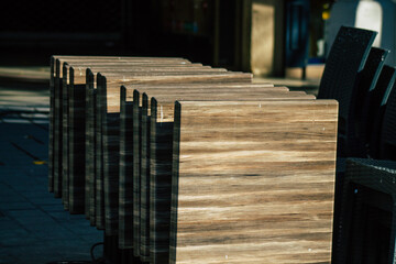 View of chairs and table of a bar located in downtown closed by the government following the...