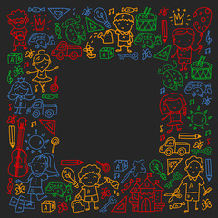 School, kindergarten with cute vector children. Dancing, singing, painting, online education. Creativity and imagination.