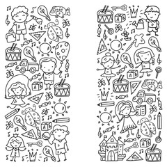 School, kindergarten with cute vector children. Dancing, singing, painting, online education. Creativity and imagination.