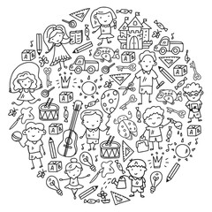 School, kindergarten with cute vector children. Dancing, singing, painting, online education. Creativity and imagination.