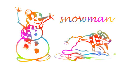 snowman multicolored. Merry Christmas and Happy New Year, Mixed media. Vector Illustration