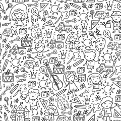 School, kindergarten with cute vector children. Dancing, singing, painting, online education. Creativity and imagination.