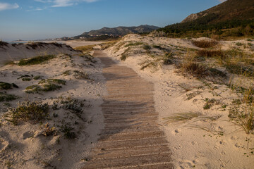 wood path to Lariño wild beach in Carnota, Galicia, Spain