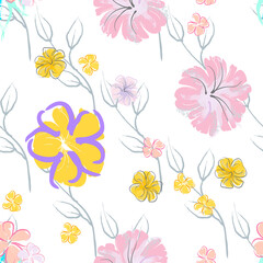 Pink Flowers Blooming Pattern. Pastel Watercolor.