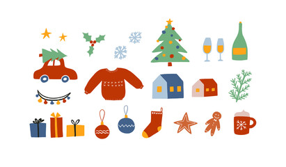 Christmas winter and New Year elements set. Gingerbread, houses, gifts, balls, Christmas tree, mistletoe, stockings, sparkling wine, car, snowflakes etc. Vector illustration
