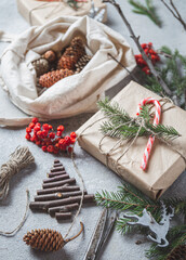 Zero waste Christmas concept. Natural Chirsmas decoration and Hand crafted gifts without plastic. Flat lay, top view.