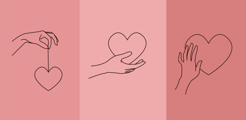 Logo design template with woman's hand holding heart. Line art minimalism style. Vector illustration