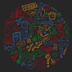 Doodle vector pattern. Illustration of learning English language. E-learning, online education in internet.