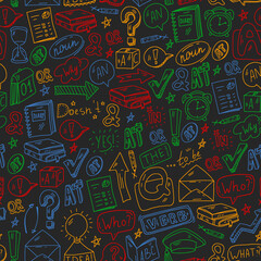 Doodle vector pattern. Illustration of learning English language. E-learning, online education in internet.