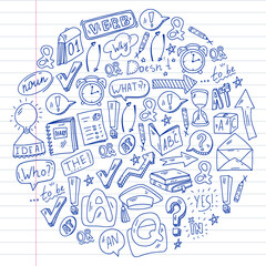 Doodle vector pattern. Illustration of learning English language. E-learning, online education in internet.