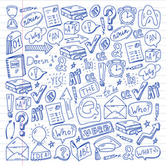 Doodle vector pattern. Illustration of learning English language. E-learning, online education in internet.