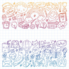 Back to school. Vector illustration with icons about education. English learning. Online internet courses.