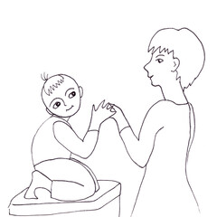 Mom and baby, family, graphic black and white linear drawing on a white background