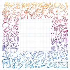 Back to school. Vector illustration with icons about education. English learning. Online internet courses.