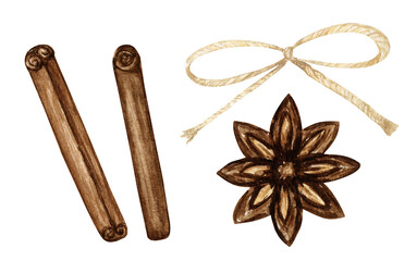Cinnamon stick, star anise spice and rope bow Watercolor illustration isolated on white background closeup