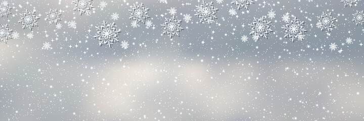 Fototapeta na wymiar Christmas and New Year cloudy sky with snowfall vector background