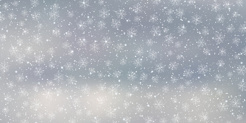 Fototapeta premium Christmas and New Year cloudy sky with snowfall vector background 