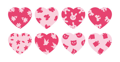 Set of Valentine day with pattern of doves, gifts, flowers, butterflys, cats and bunnies in pink coluors, isolated. Vector illustration, decarative element, sign, simbol .
