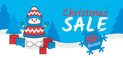 Christmas sale flyer with snowman and gifts. Vector illustration, flyer, banner, coupon, banner, template.